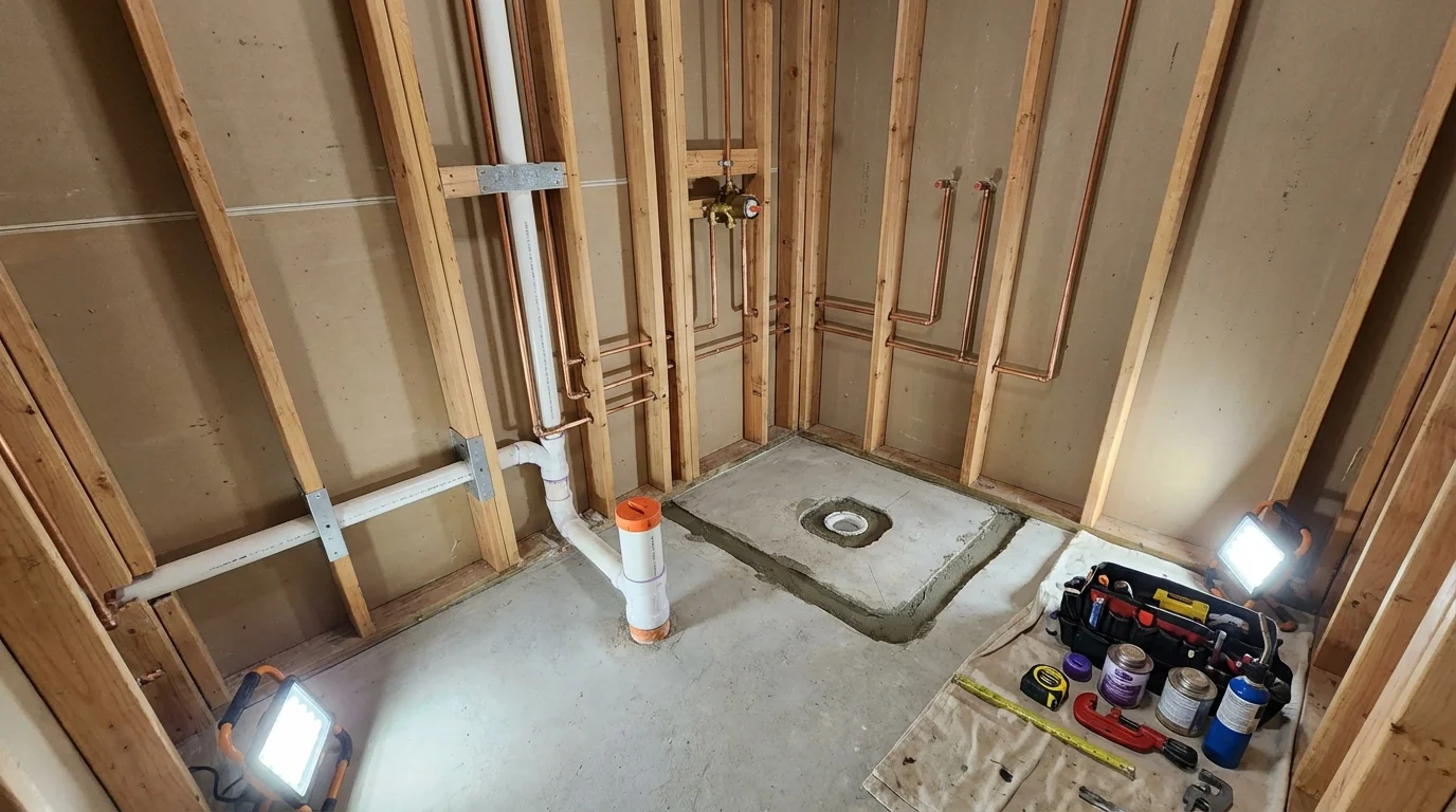 Bathroom rough-in plumbing during remodel by Johns Plumbing LLC in Mescalero