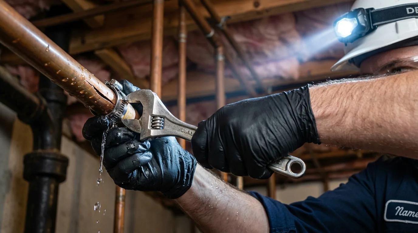 Emergency pipe clamp repair being performed by a Johns Plumbing LLC plumber in Mescalero