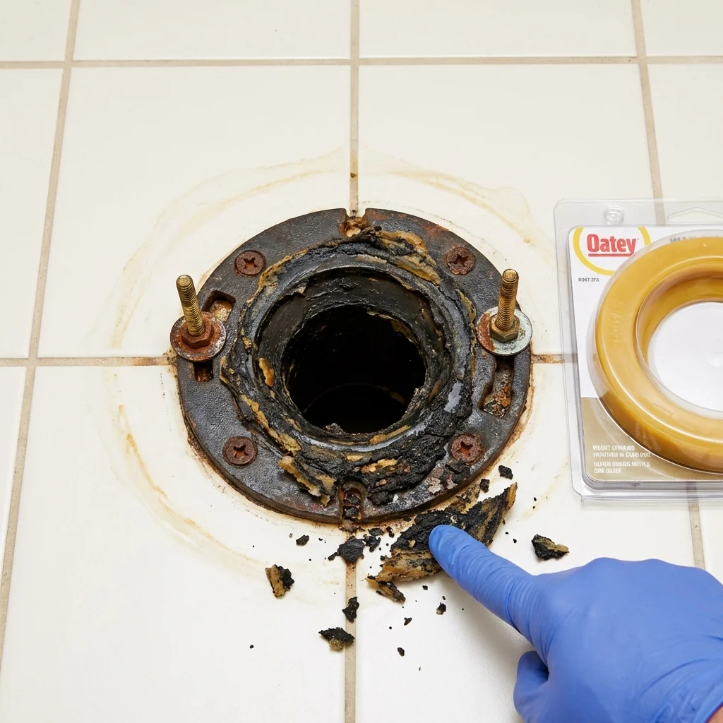 Failed wax ring showing water seepage at the base of a toilet in a Mescalero, NM home