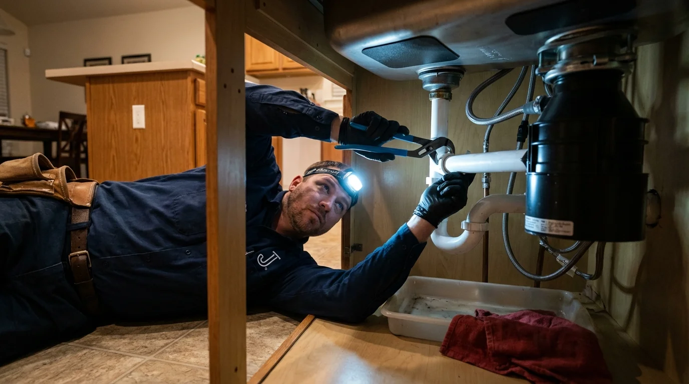 P-trap and supply line connections under a kitchen sink showing a common leak point in Mescalero, NM